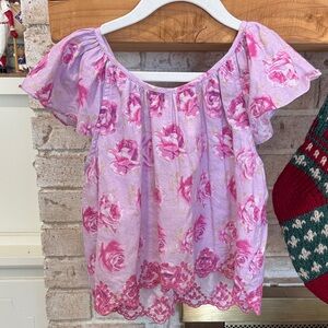 Loveshackfancy Floral Pink Blouse with Scalloped Hem